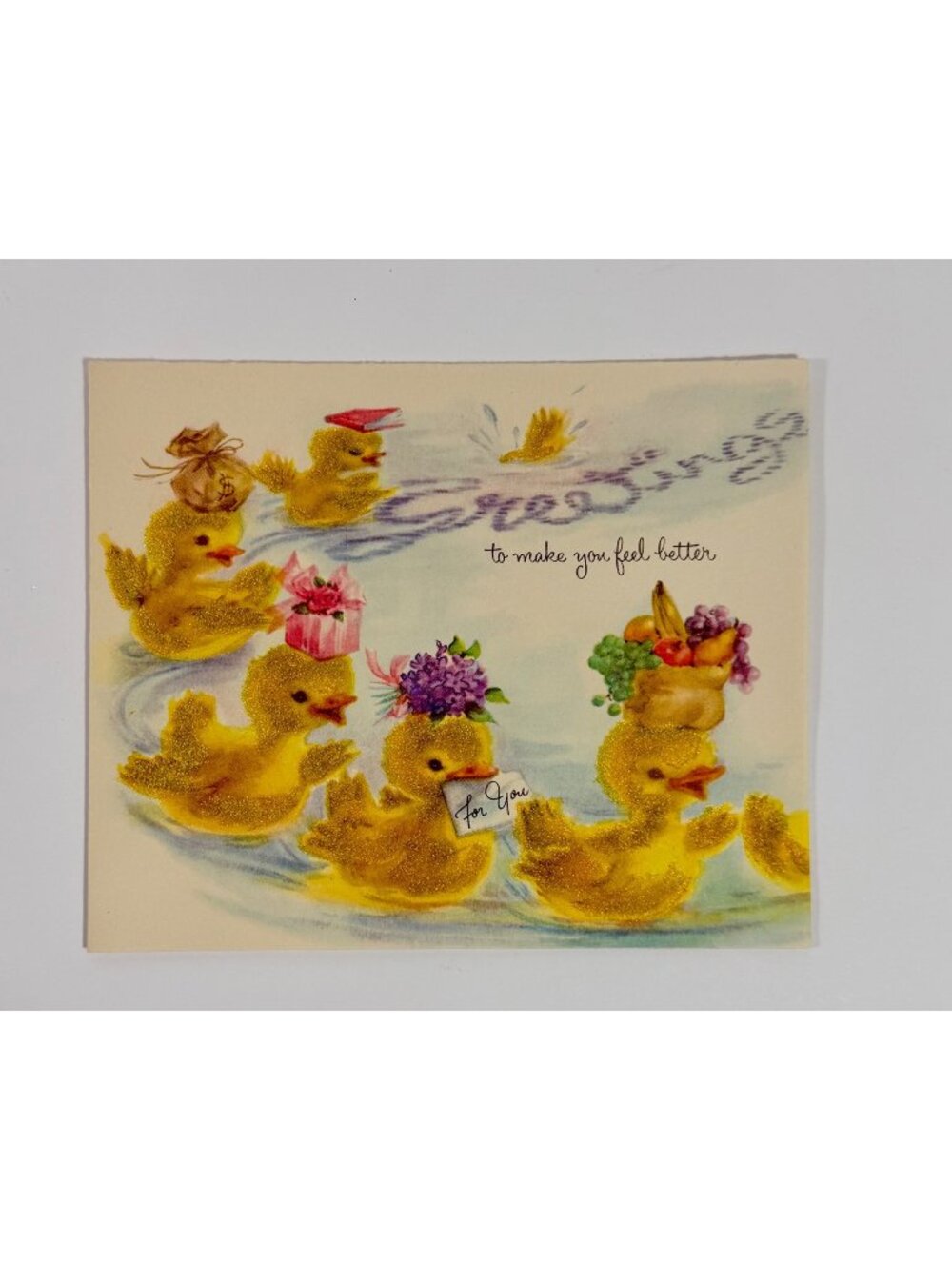 Vintage Get Well Card Glittered Ducks & Cheerful Wishes Made In USA 1950s Blank